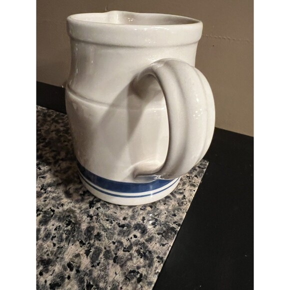 Roseville Ohio Pitcher Friendship Pottery Blue Stripes 4" Tall farmhouse rustic - Picture 2 of 7
